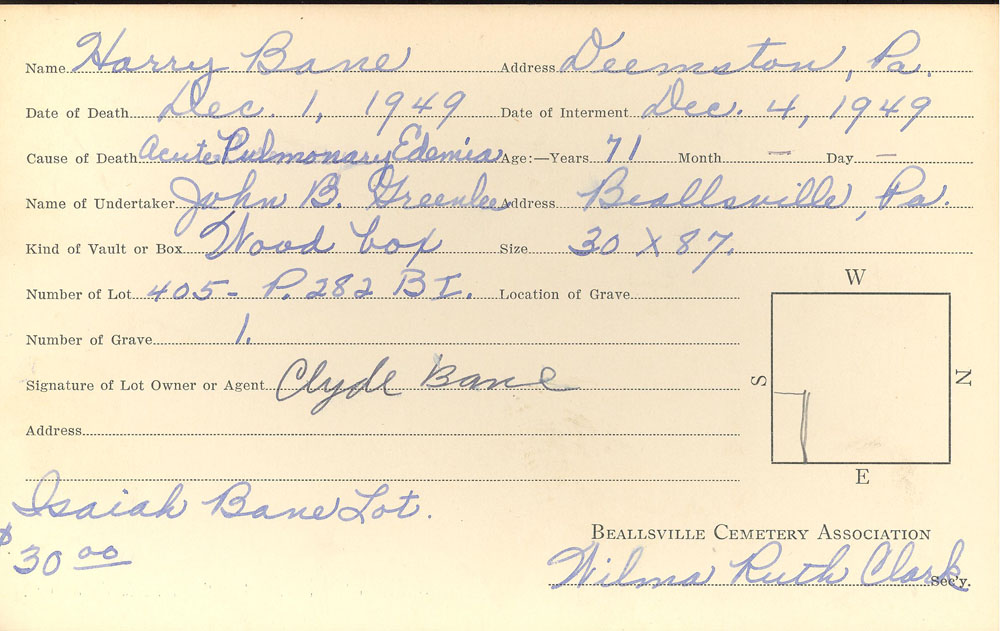 Harry Bane burial card